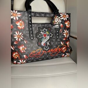 BRAND NEW Ed Hardy oversized rhinestone cross with flowers tote bag